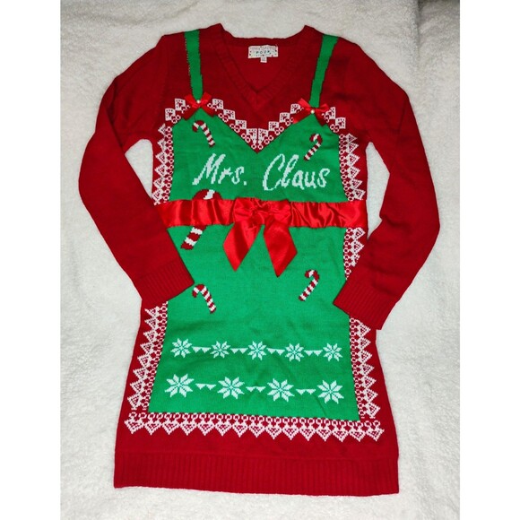 Poof! Sweaters - Poof Mrs. Claus V-Neck Intarsia Knit Ugly Christmas Sweater Red/Green M